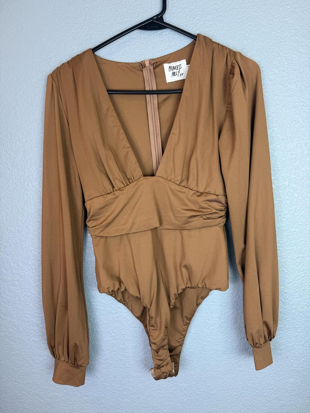 Princess Polly Bodysuit Womens 4 Brown Plunge V Neck Long Sleeve Stretch Top
